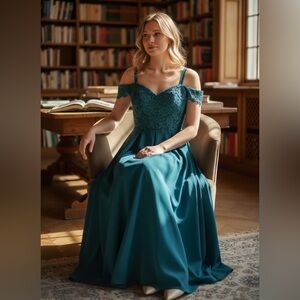 Teal Off-Shoulder Lace Gown